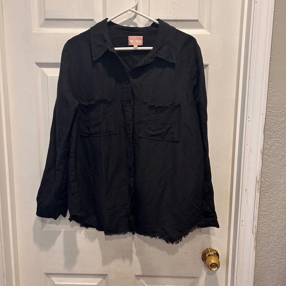 Show Me Your Mumu Marcella Shirt Black Linen Blend Frayed Hem‎ Button Up Top L